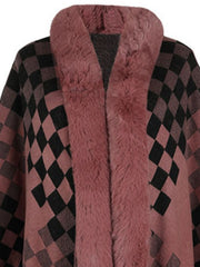 Dusty Pink checkered cape with faux fur trim and open front
