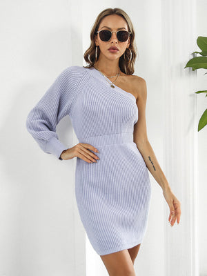 One-sleeve knit mini dress in Periwinkle with a ribbed texture and cinched waist.