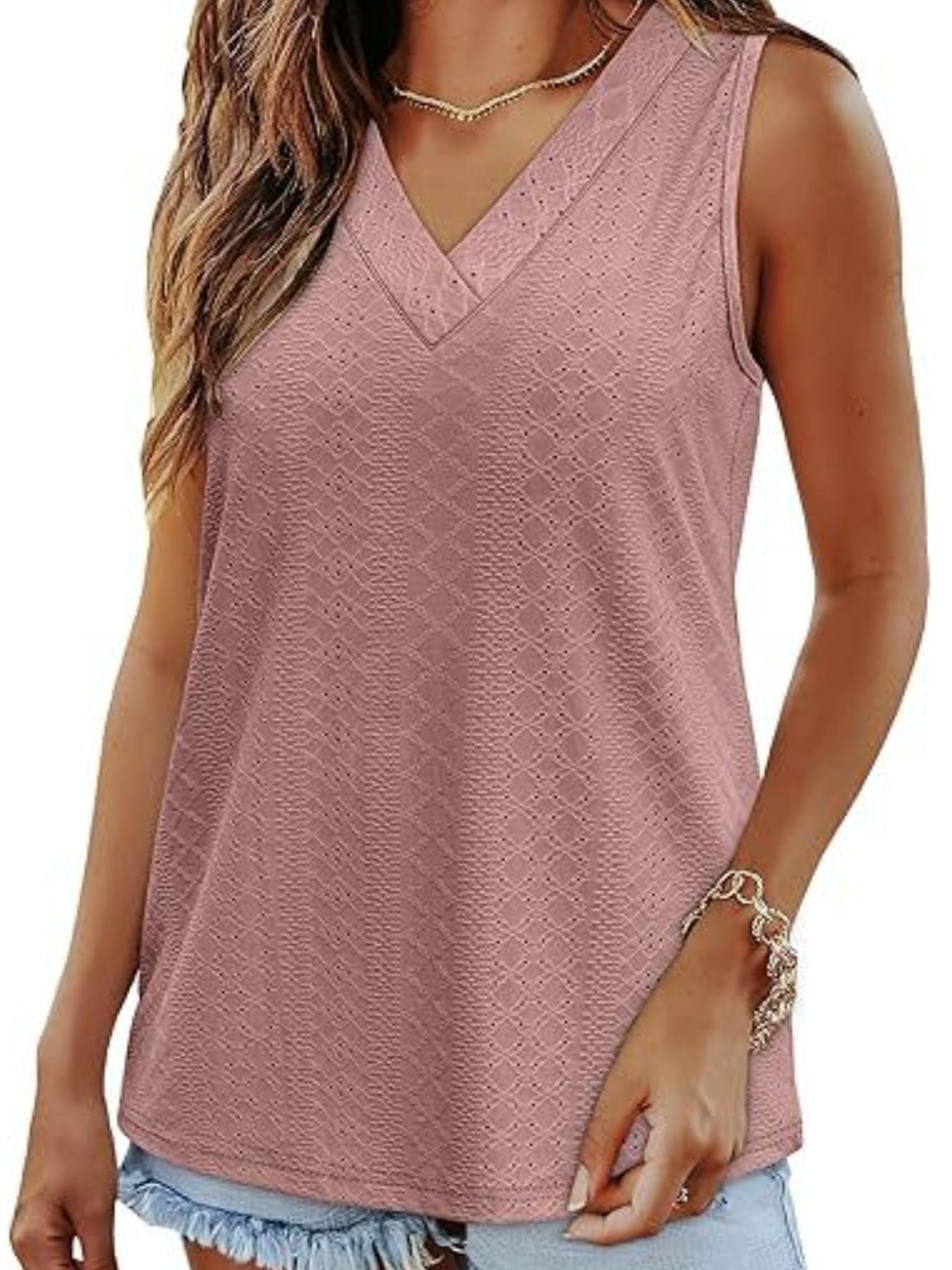 Dusty pink eyelet V-neck sleeveless tank top with a textured pattern.