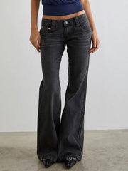 Dark gray low rise flare leg jeans with pockets and button fly.