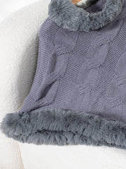 Dark Gray cable knit poncho with faux fur trim and detailed texture.