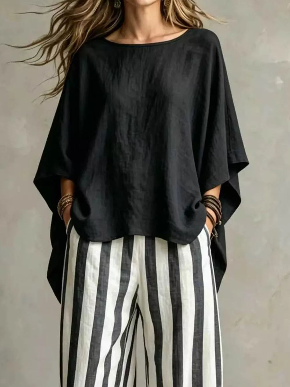 Solid Color Top And Pants Two-piece Set Plus Size, fit detail
