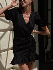 Puff Sleeve Ruffled Hem Mini Dress