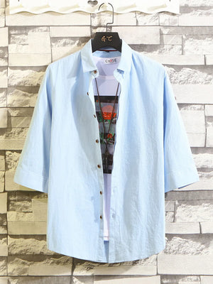 Men's Plus Size Button Up 3/4 Sleeve Shirt in Dark Gray, front view