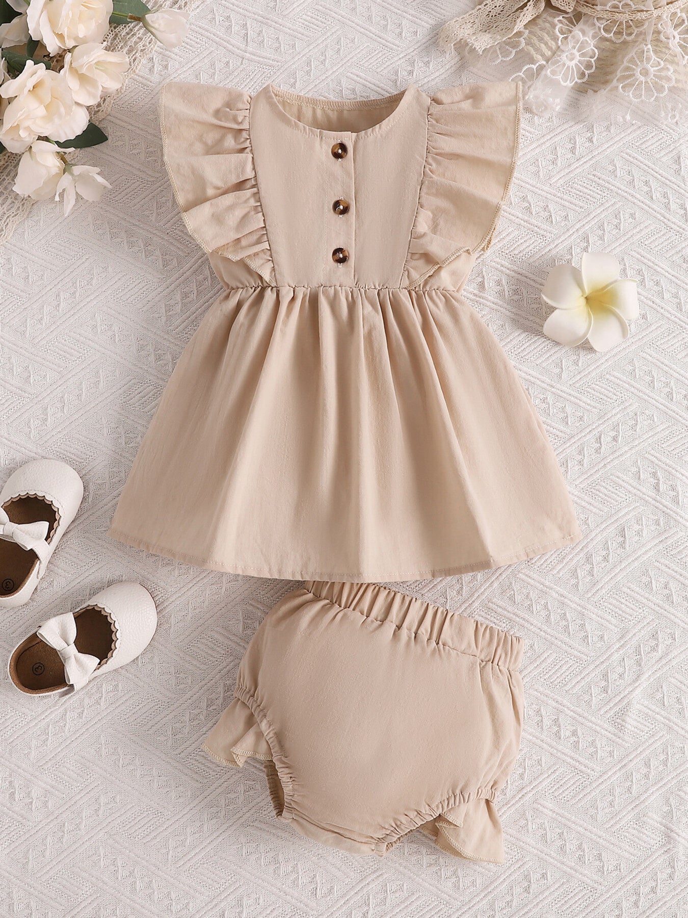 Apricot ruffle trim button front baby set with bloomers