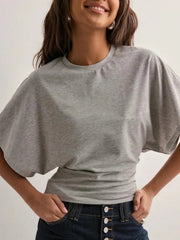 Gray batwing sleeve t-shirt with a fitted waist, crew neck, and short sleeves.