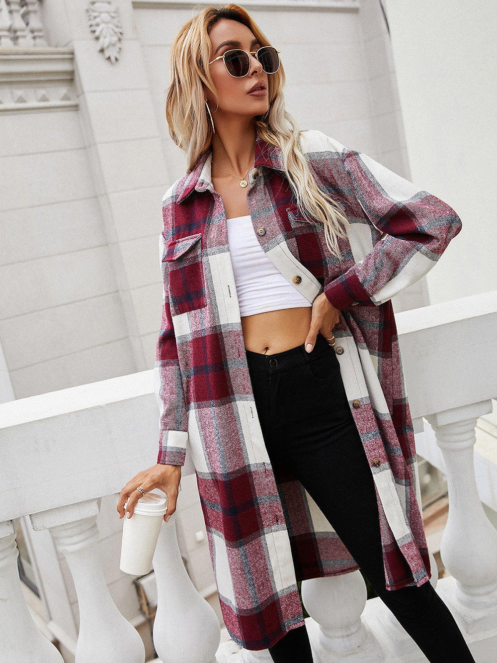 Checked plaid duster shirt jacket in burgundy with a longline cut and button front.