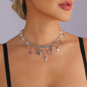 Titanium Steel Gothic Star Cross Choker Necklace in Silver, model styling view