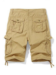 Khaki cargo shorts for men with multiple button-flap pockets and drawstring hems.