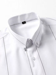 White cotton button-down overshirt with thin pinstripe pattern and button collar.