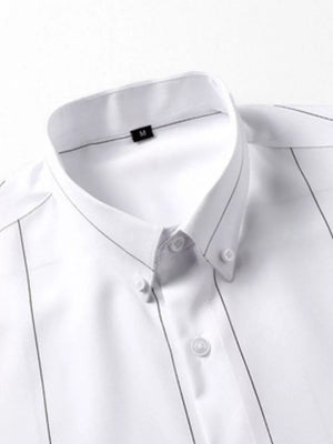 White cotton button-down overshirt with thin pinstripe pattern and button collar.