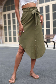 Olive asymmetric button-down midi skirt with tie waist and ruffled detail