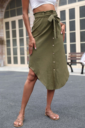 Olive asymmetric button-down midi skirt with tie waist and ruffled detail