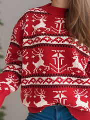 Reindeer Fair Isle crew neck sweater in deep red acrylic with white and black pattern.