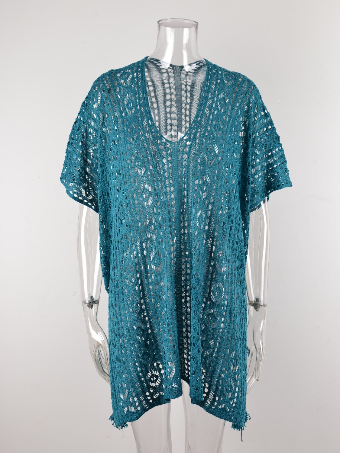 Teal open-knit V-neck beach cover-up with short sleeves and a relaxed fit.