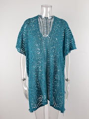 Teal open-knit V-neck beach cover-up with short sleeves and a relaxed fit.