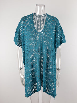 Teal open-knit V-neck beach cover-up with short sleeves and a relaxed fit.