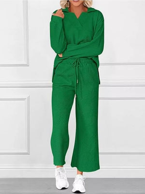 Green V-neck textured lounge set with diagonal pattern pants and long sleeves.