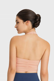 Nude halter neck sports bra with ruched back detail