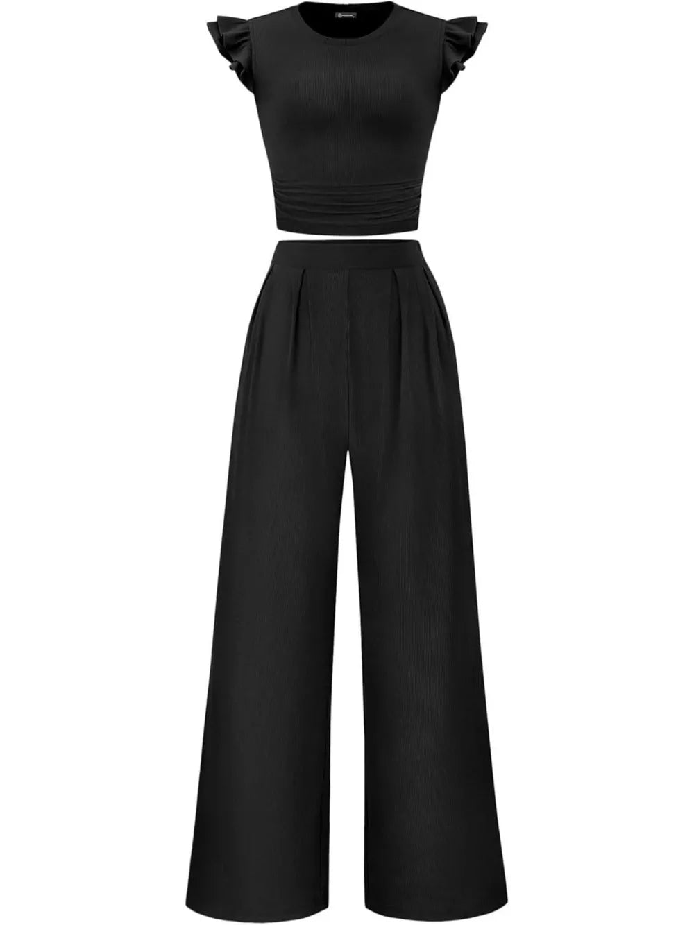 Black ruffled cap sleeve maternity crop top and wide leg pants set