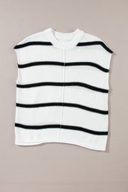 White knit shell top with black horizontal stripes and a crew neck.