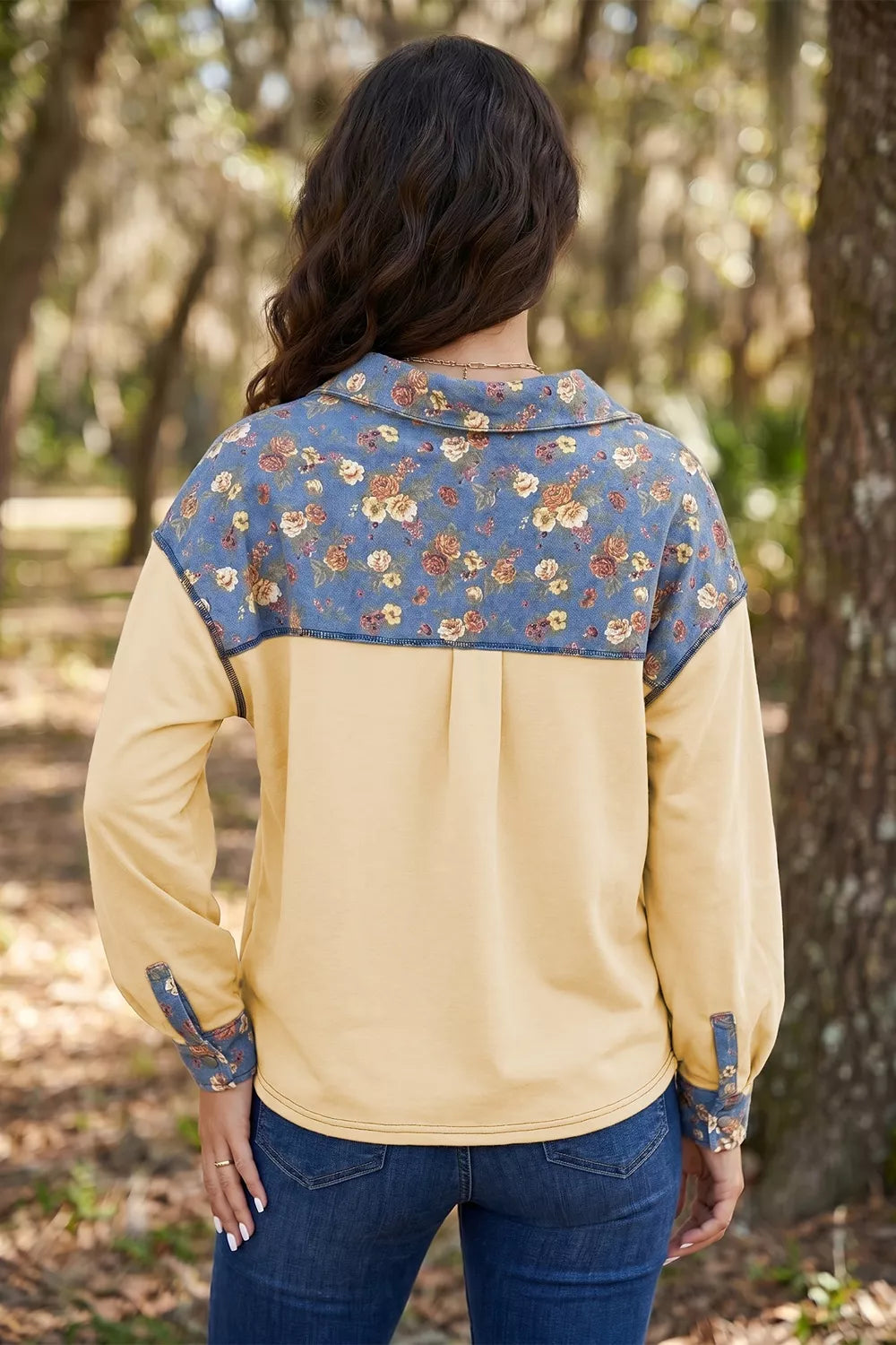 blouse in denim blue with floral and patchwork