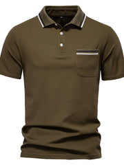 Olive brown textured polo shirt with contrast trim on collar and chest pocket.