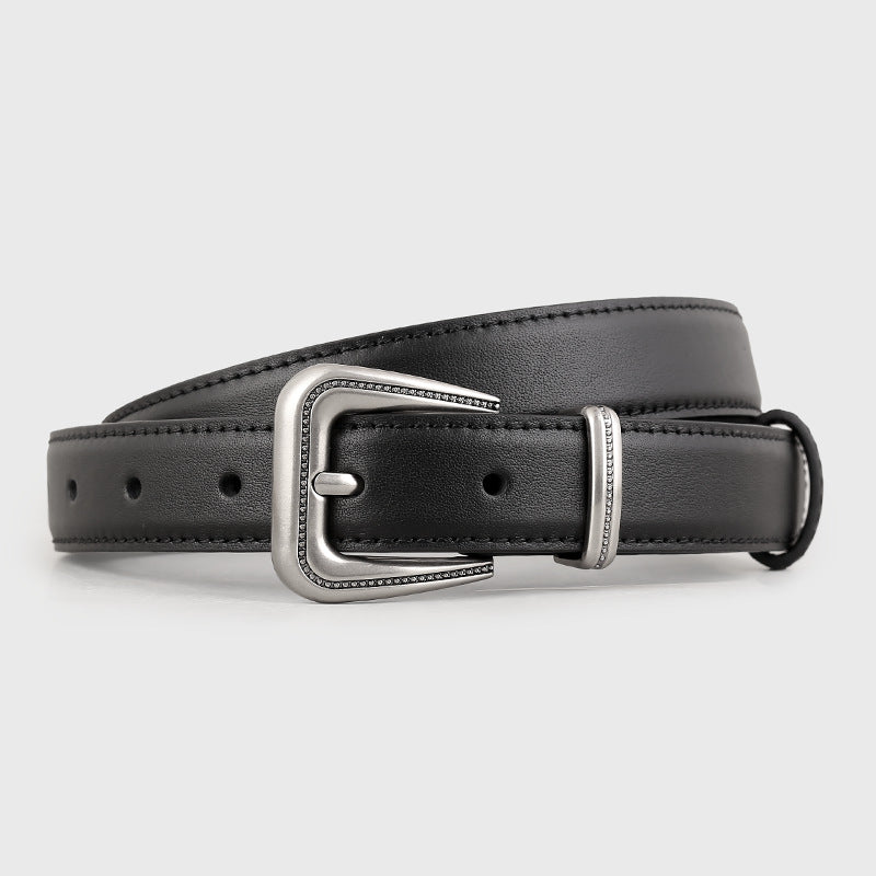 Black cowhide leather belt with ornate silver buckle