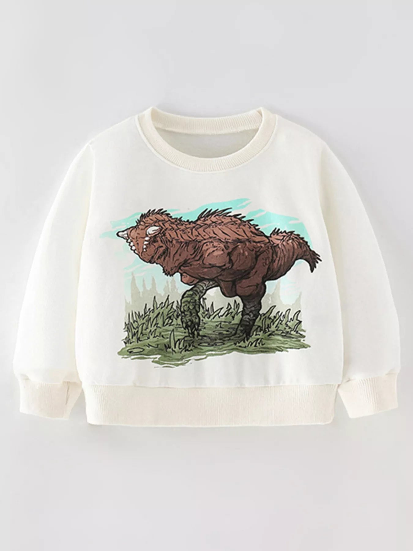 Kids white cotton crew neck sweatshirt with a brown dinosaur graphic.
