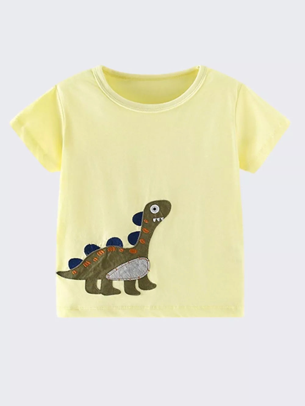 Yellow cotton toddler t-shirt with a green dinosaur appliqué on the front.