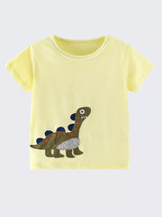 Yellow cotton toddler t-shirt with a green dinosaur appliqué on the front.
