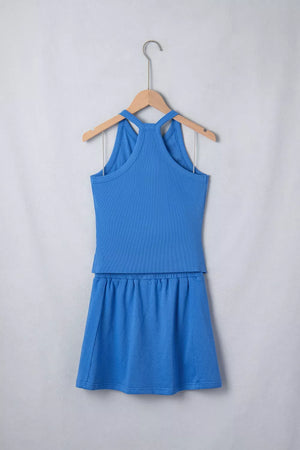 Blue ribbed cropped tank top and skort set with elastic waistband.