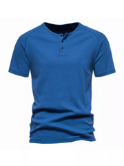 Men's blue cotton casual henley t-shirt with button detail