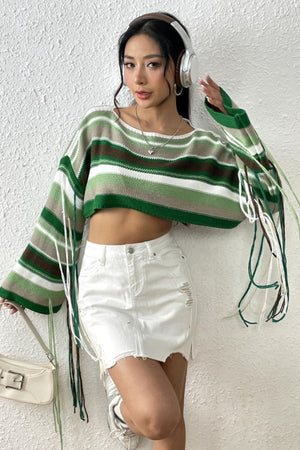Cropped knit sweater with fringe detail in green and white stripes.