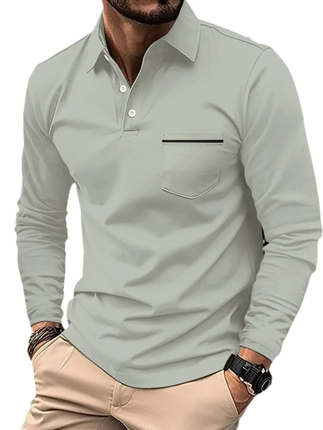 Long-sleeve gray polo shirt with chest pocket detail and black trim