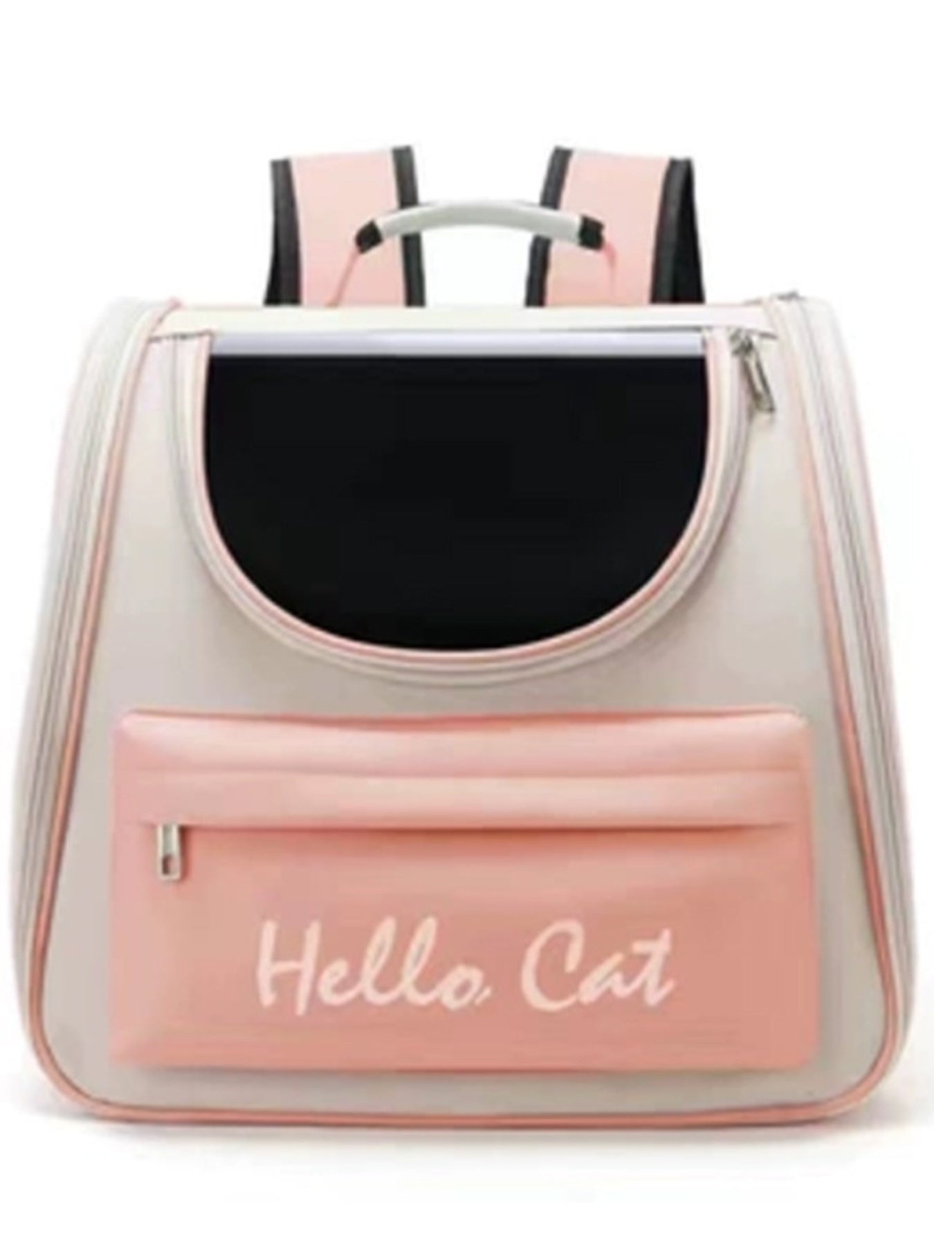 Pink and grey transparent pet carrier backpack with "Hello Cat" text and mesh window.