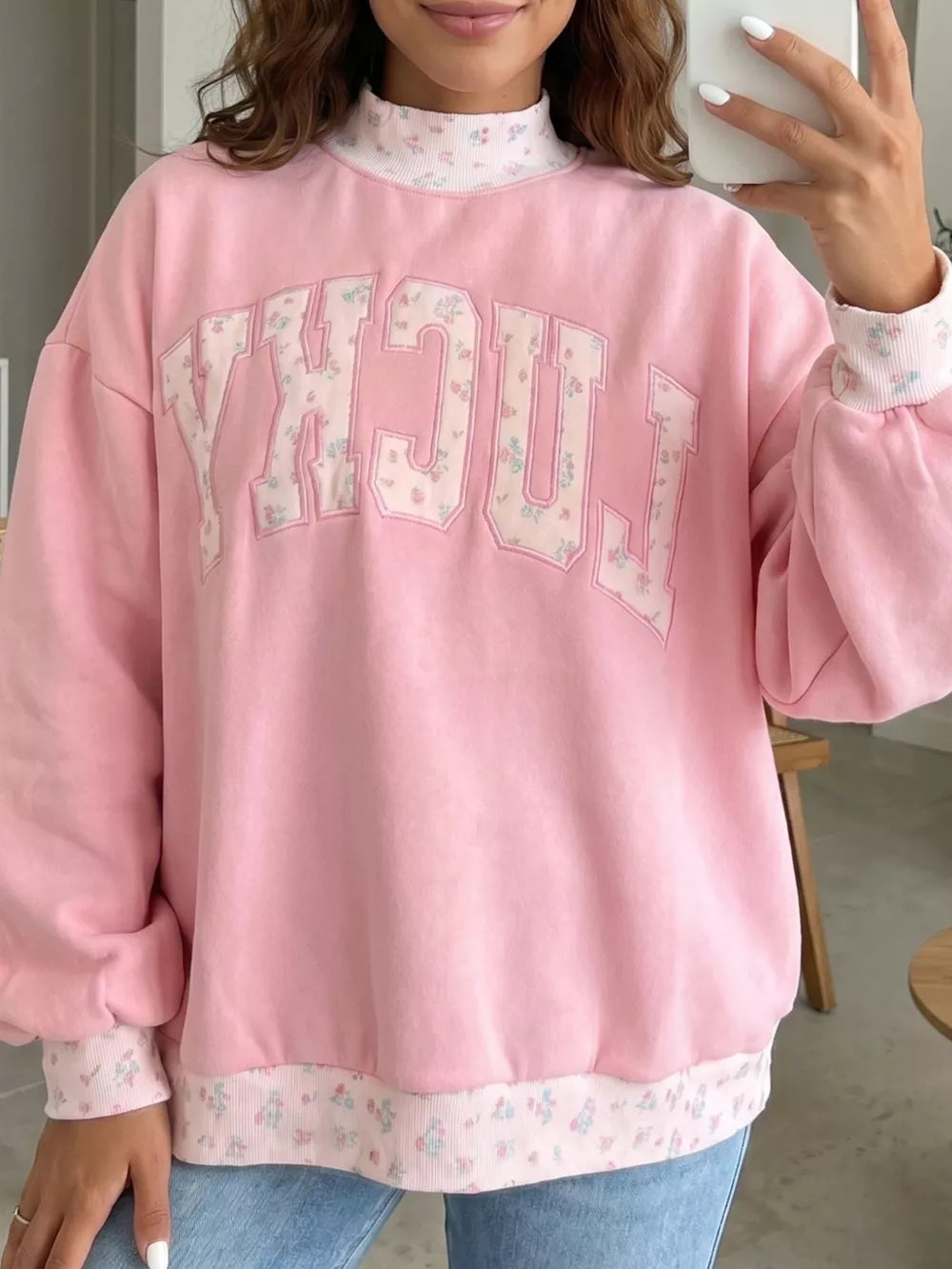 High Neck Floral Patch Embroidery Sweatshirt in Blush Pink, front view