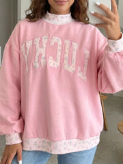 High Neck Floral Patch Embroidery Sweatshirt in Blush Pink, front view