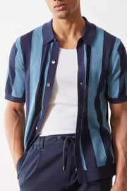 Men's navy and blue striped short sleeve button-up shirt with a knit texture.
