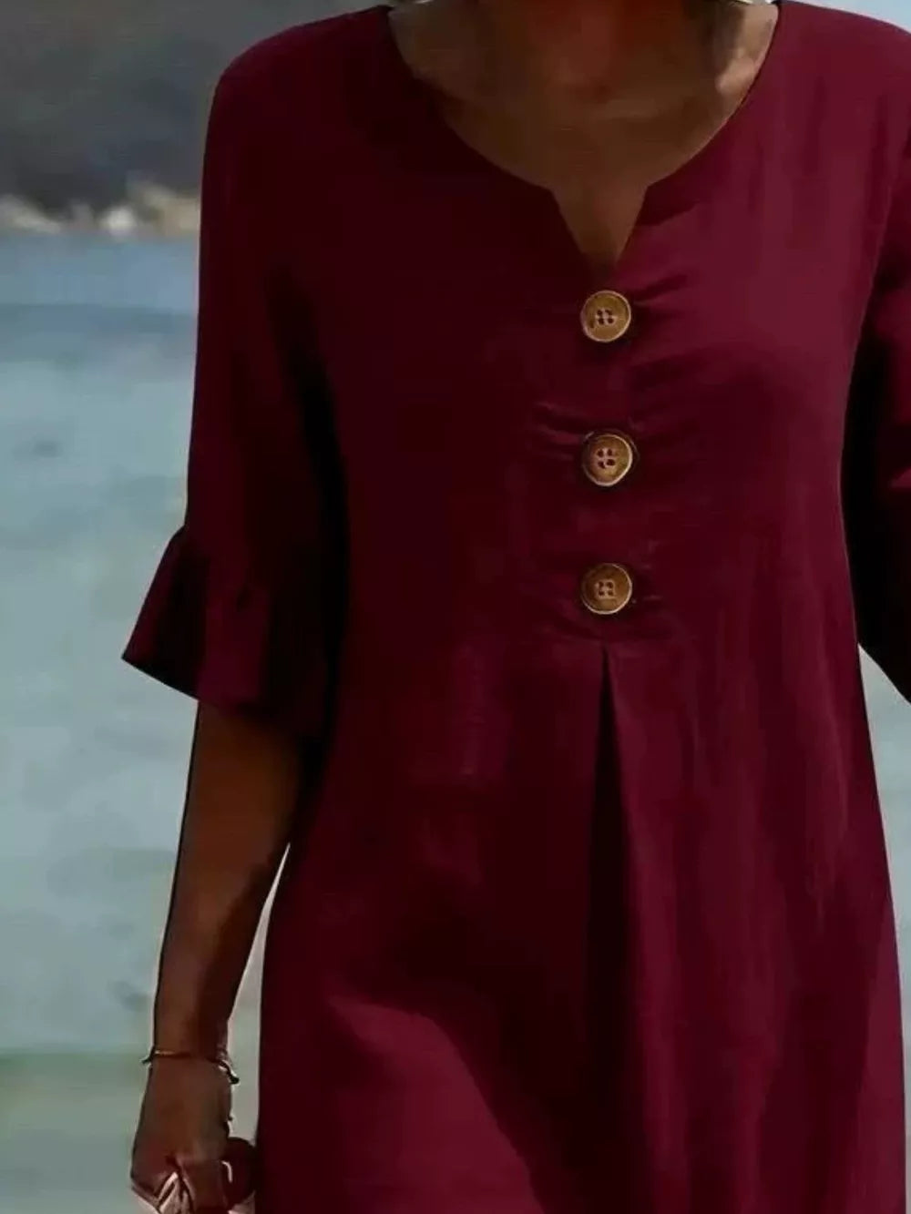 Full Size Casual Button Midi Dress With Ruffle Sleeves in Yellow, fit detail