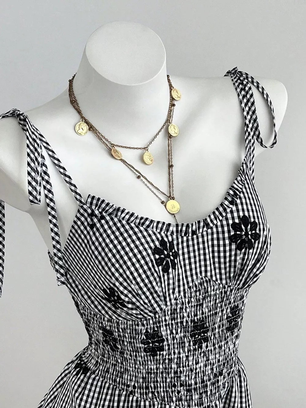 Gingham Floral Tiered Mini Dress in Black, side view