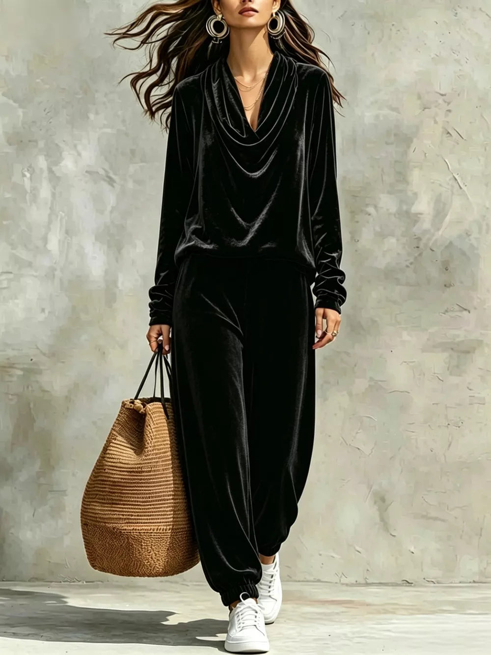 Cowl Neck Top And Joggers Set in Black, close-up detail