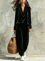 Cowl Neck Top And Joggers Set in Black, close-up detail