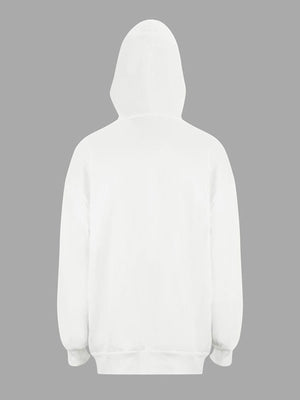 White zip-up hoodie with black stripes and bow detail.