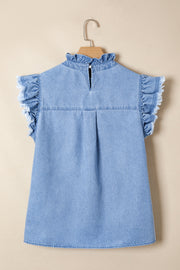 Light blue distressed denim top with frilled collar and ruffled cap sleeves.