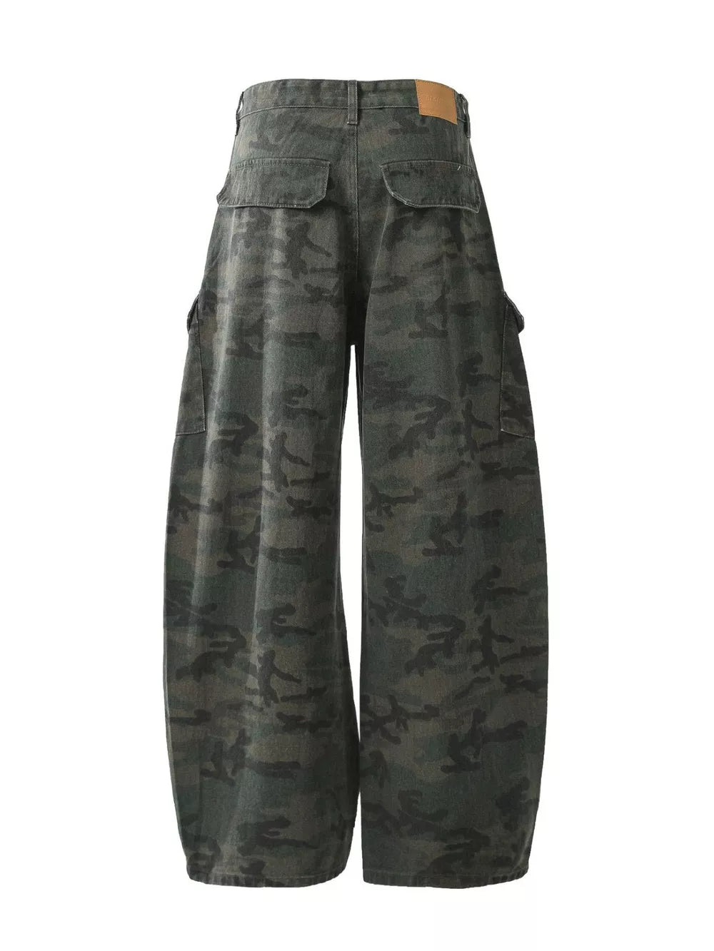 Baggy green camouflage cargo pants with button fly and multiple pockets.