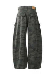 Baggy green camouflage cargo pants with button fly and multiple pockets.
