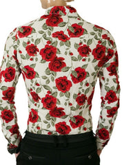 Men's white floral print slim fit shirt with red roses and green leaves, cotton blend.