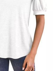 White puff sleeve t-shirt with gathered cuffs and a notched V-neck.