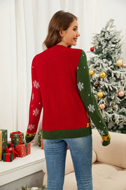 Festive Fair Isle button-down cardigan in red and green with snowflake pattern.